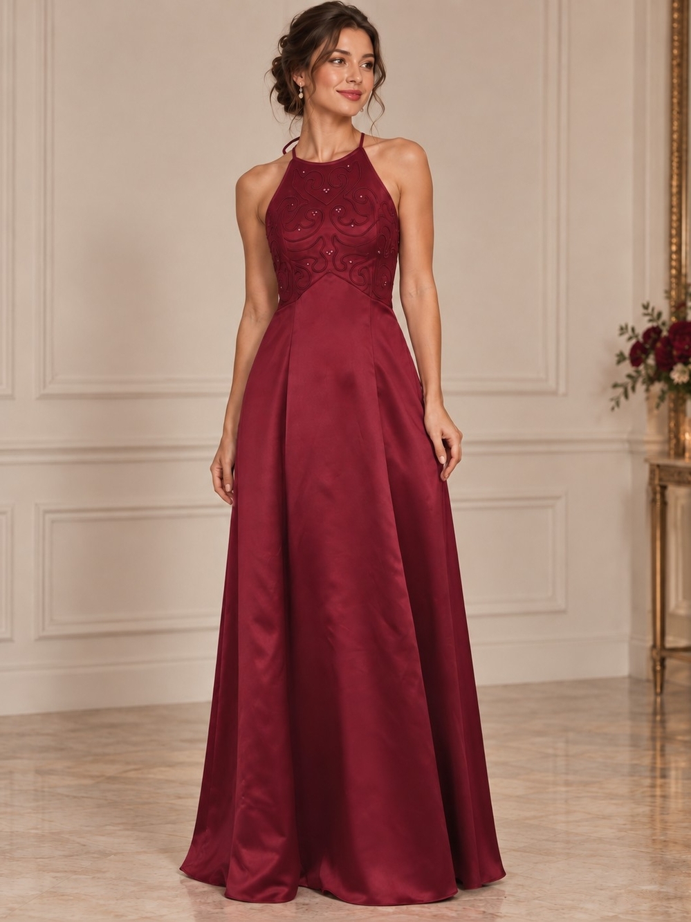 VTG Burgundy Satin Halter Maxi Gown Sz 8 Pink Pearl Embroidered Y2K Formal Dress